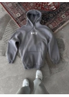 Erkek 3 İplik Pamuklu Kapüşonlu Kanguru Cepli Baskılı Oversize Hoodie Sweatshirt - Gri
