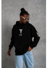 Erkek 3 İplik Pamuklu Kapüşonlu Kanguru Cepli Baskılı Oversize Hoodie Sweatshirt - Siyah