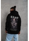 Erkek 3 İplik Pamuklu Kapüşonlu Kanguru Cepli Baskılı Oversize Hoodie Sweatshirt - Siyah