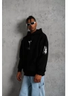 Erkek 3 İplik Pamuklu Kapüşonlu Kanguru Cepli Baskılı Oversize Hoodie Sweatshirt - Siyah