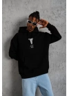 Erkek 3 İplik Pamuklu Kapüşonlu Kanguru Cepli Baskılı Oversize Hoodie Sweatshirt - Siyah