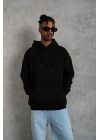 Erkek 3 İplik Pamuklu Kapüşonlu Kanguru Cepli Sweatshirt Hoodie -  Siyah