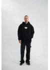 ERKEK 3 İplik Pamuklu Kapüşonlu Patchli Nakışlı Hoodie SweatShirt - Siyah