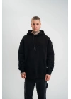 Erkek 3 İplik Pamuklu Oversize Kapüşonlu Nakışlı Hoodie SweatShirt - Siyah