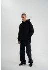 Erkek 3 İplik Pamuklu Oversize Kapüşonlu Nakışlı Hoodie SweatShirt - Siyah