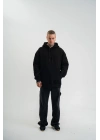 Erkek 3 İplik Pamuklu Oversize Kapüşonlu Nakışlı Hoodie SweatShirt - Siyah