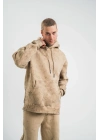 ERKEK 3 iplik Pamuklu Oversize Kapüşonlu Yıkamalı Hoodie SweatShirt - Bej