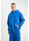 ERKEK 3 İplik Pamuklu Oversize Kapüşonlu Yıkamalı Hoodie SweatShirt - Mavi
