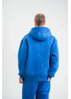 ERKEK 3 İplik Pamuklu Oversize Kapüşonlu Yıkamalı Hoodie SweatShirt - Mavi