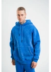 ERKEK 3 İplik Pamuklu Oversize Kapüşonlu Yıkamalı Hoodie SweatShirt - Mavi