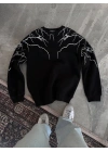 Erkek 3 iplik pamuklu Yıldırım Baskılı Bisiklet Yaka SweatShirt - Siyah