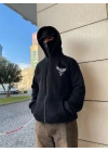 Erkek 3 iplik Samuray kapüşonlu ZIP Fermuarlı SweatShirt Hoodie - Siyah
