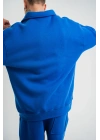 Erkek Açık Yakalı Oversize 3 İplik Pamuklu Sweatshirt - Mavii