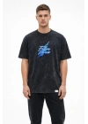 Erkek Asit Yıkamalı Oversize Tişört Bisiklet Yaka Kısa Kol T-shirt - Siyah