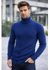 Erkek Balıkçı Yaka Boğazlı Triko Kazak Kalın Fitilli Regular Fit - İndigo