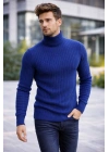 Erkek Balıkçı Yaka Boğazlı Triko Kazak Kalın Fitilli Regular Fit - İndigo
