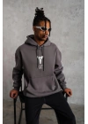 Erkek Baskılı Kapüşonlu 3 iplik pamuklu Hoodie Sweatshirt - Gri