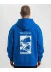 Erkek Baskılı Kapüşonlu Cepli Hoodie 3 İplik Pamuklu Sweatshirt - Saks Mavisii