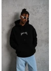 Erkek Baskılı Kapüşonlu ve Kanguru Cepli Sweatshirt hoodie- Siyah