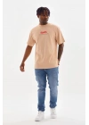 Erkek Baskılı T-Shirt Kısa Kol Bisiklet Yaka Rahat Kalıp Tişört  - Bej