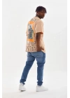 Erkek Baskılı T-Shirt Kısa Kol Bisiklet Yaka Rahat Kalıp Tişört - Bej