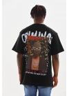 Erkek Baskılı T-Shirt Kısa Kol Bisiklet Yaka Rahat Kalıp Tişört  - Siyah