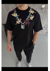 Erkek Baskılı T-Shirt Kısa Kol Bisiklet Yaka Regular Fit Rahat Tişört - Siyah