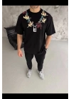 Erkek Baskılı T-Shirt Kısa Kol Bisiklet Yaka Regular Fit Rahat Tişört - Siyah