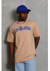 Erkek Baskılı Tişört Kısa Kol Bisiklet Yaka Oversize T-Shirt - Bej