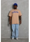 Erkek Baskılı Tişört Kısa Kol Bisiklet Yaka Oversize T-Shirt - Bej