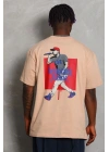 Erkek Baskılı Tişört Kısa Kol Bisiklet Yaka Oversize T-Shirt - Bej