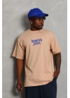 Erkek Baskılı Tişört Kısa Kol Bisiklet Yaka Oversize T-Shirt - Bej
