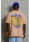 Erkek Baskılı Tişört Kısa Kol Bisiklet Yaka Oversize T-Shirt - Bej