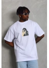 Erkek Baskılı Tişört Kısa Kol Bisiklet Yaka Oversize T-Shirt - Beyaz
