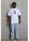 Erkek Baskılı Tişört Kısa Kol Bisiklet Yaka Oversize T-Shirt - Beyaz