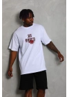 Erkek Baskılı Tişört Kısa Kol Bisiklet Yaka Oversize T-Shirt - Beyaz