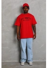 Erkek Baskılı Tişört Kısa Kol Bisiklet Yaka Oversize T-Shirt - Kırmızı