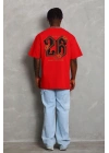 Erkek Baskılı Tişört Kısa Kol Bisiklet Yaka Oversize T-Shirt - Kırmızı