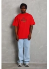 Erkek Baskılı Tişört Kısa Kol Bisiklet Yaka Oversize T-Shirt - Kırmızı