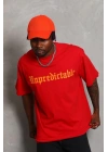 Erkek Baskılı Tişört Kısa Kol Bisiklet Yaka Oversize T-Shirt - Kırmızı