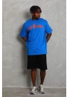 Erkek Baskılı Tişört Kısa Kol Bisiklet Yaka Oversize T-Shirt - Mavi