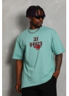 Erkek Baskılı Tişört Kısa Kol Bisiklet Yaka Oversize T-Shirt - Mint Yeşili
