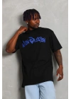Erkek Baskılı Tişört Kısa Kol Bisiklet Yaka Oversize T-Shirt - Siyah