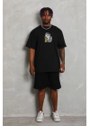 Erkek Baskılı Tişört Kısa Kol Bisiklet Yaka Oversize T-Shirt - Siyah