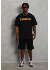 Erkek Baskılı Tişört Kısa Kol Bisiklet Yaka Oversize T-Shirt - Siyah