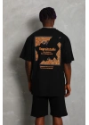 Erkek Baskılı Tişört Kısa Kol Bisiklet Yaka Oversize T-Shirt - Siyah