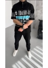 Erkek  Baskılı Yarım Fermuarlı  Kısa kol T-Shirt - Siyah