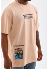 Erkek  Bisiklet Yaka Baskılı Oversize T-Shirt - Bej