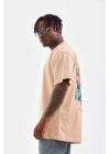 Erkek  Bisiklet Yaka Baskılı Oversize T-Shirt - Bej