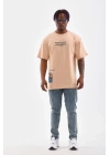 Erkek  Bisiklet Yaka Baskılı Oversize T-Shirt - Bej